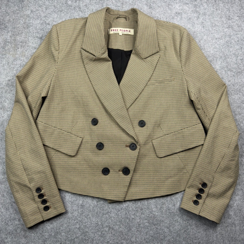 Free People Betty Cropped Houndstooth Double Breasted Blazer Size M